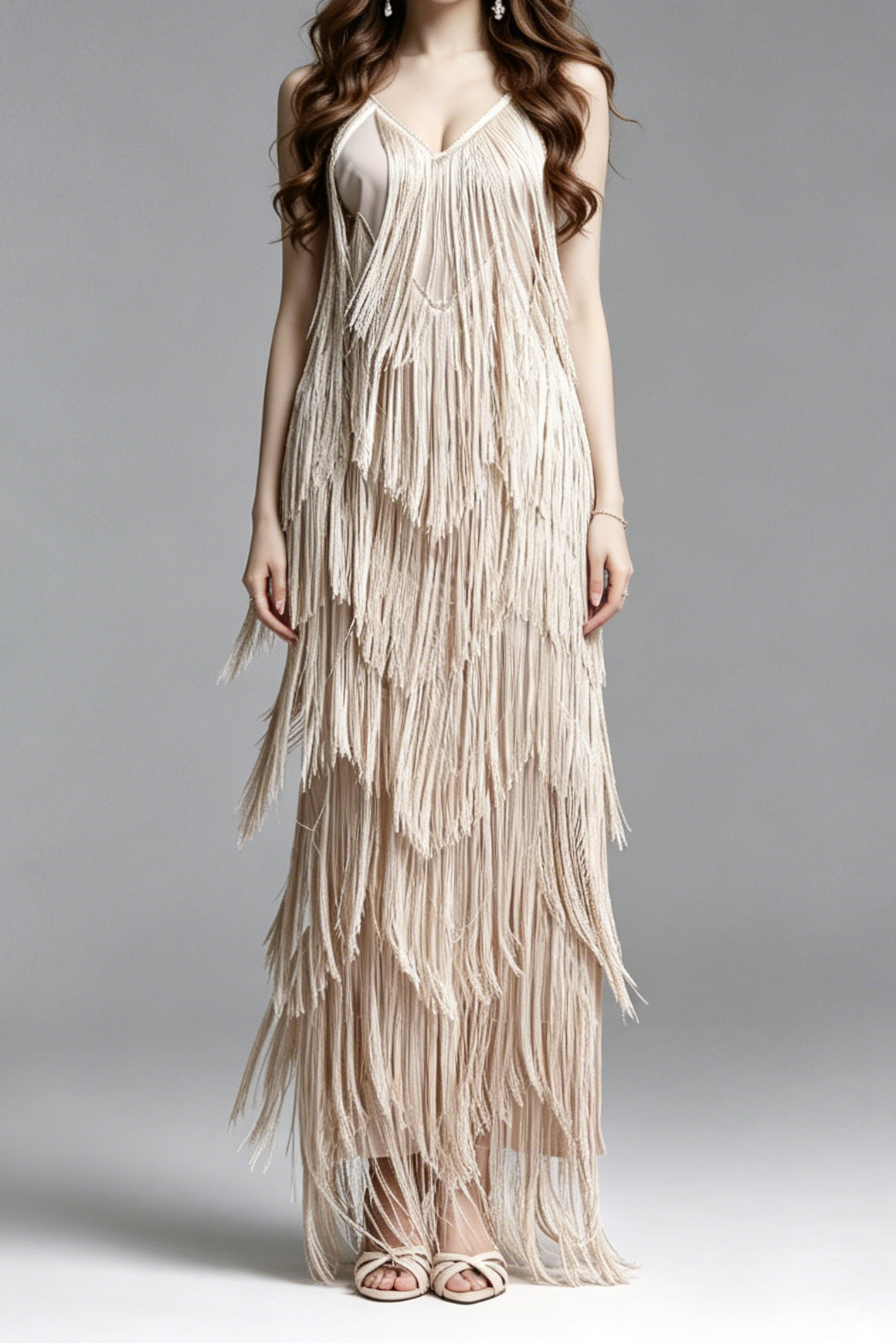 Champagne Multi-Layer Fringe Spaghetti Strap V-Neck Maxi Party Dress