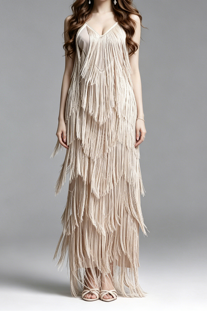 Champagne Multi-Layer Fringe Spaghetti Strap V-Neck Maxi Party Dress