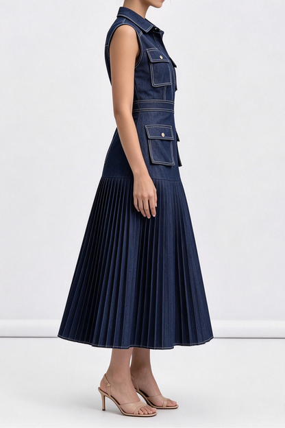 Dark Denim Sleeveless Cargo Pocket Shirt Top Pleated Midi Dress