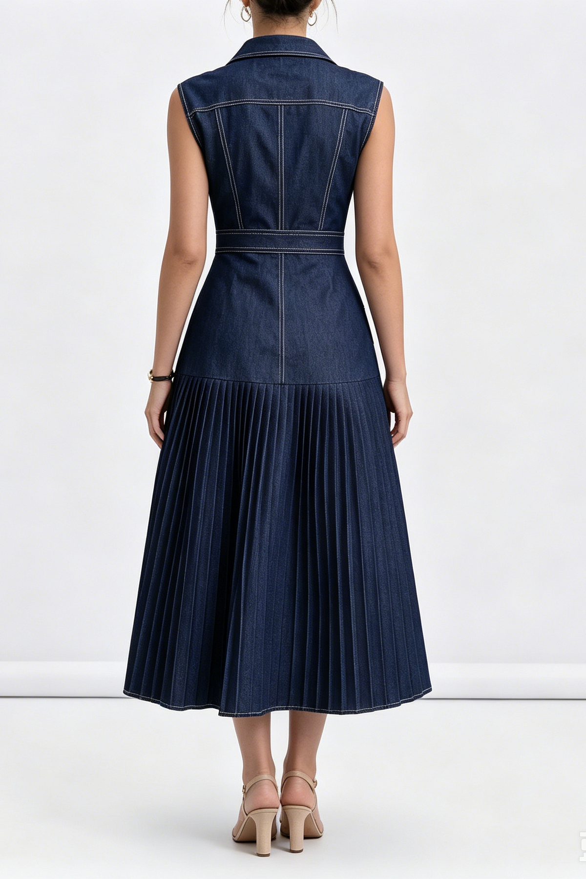 Dark Denim Sleeveless Cargo Pocket Shirt Top Pleated Midi Dress