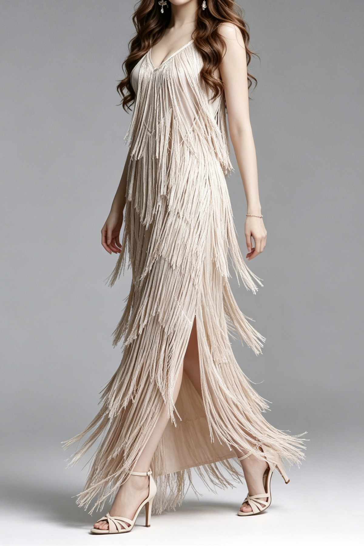 Champagne Multi-Layer Fringe Spaghetti Strap V-Neck Maxi Party Dress