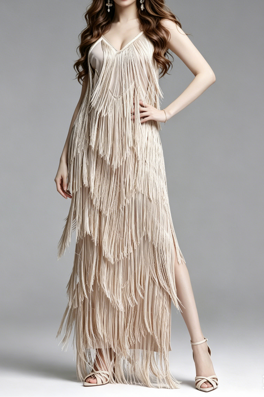 Champagne Multi-Layer Fringe Spaghetti Strap V-Neck Maxi Party Dress