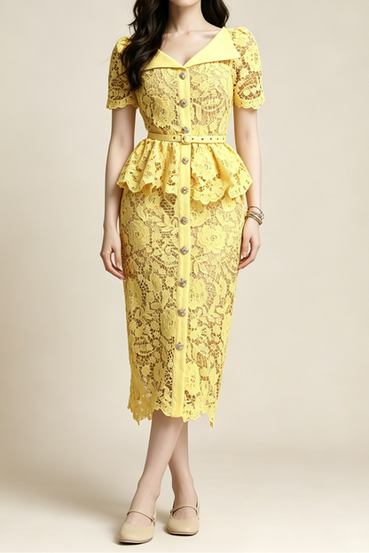 Lemon Yellow Floral Lace Peplum Midi Dress with Lapel Collar & Crystal Buttons