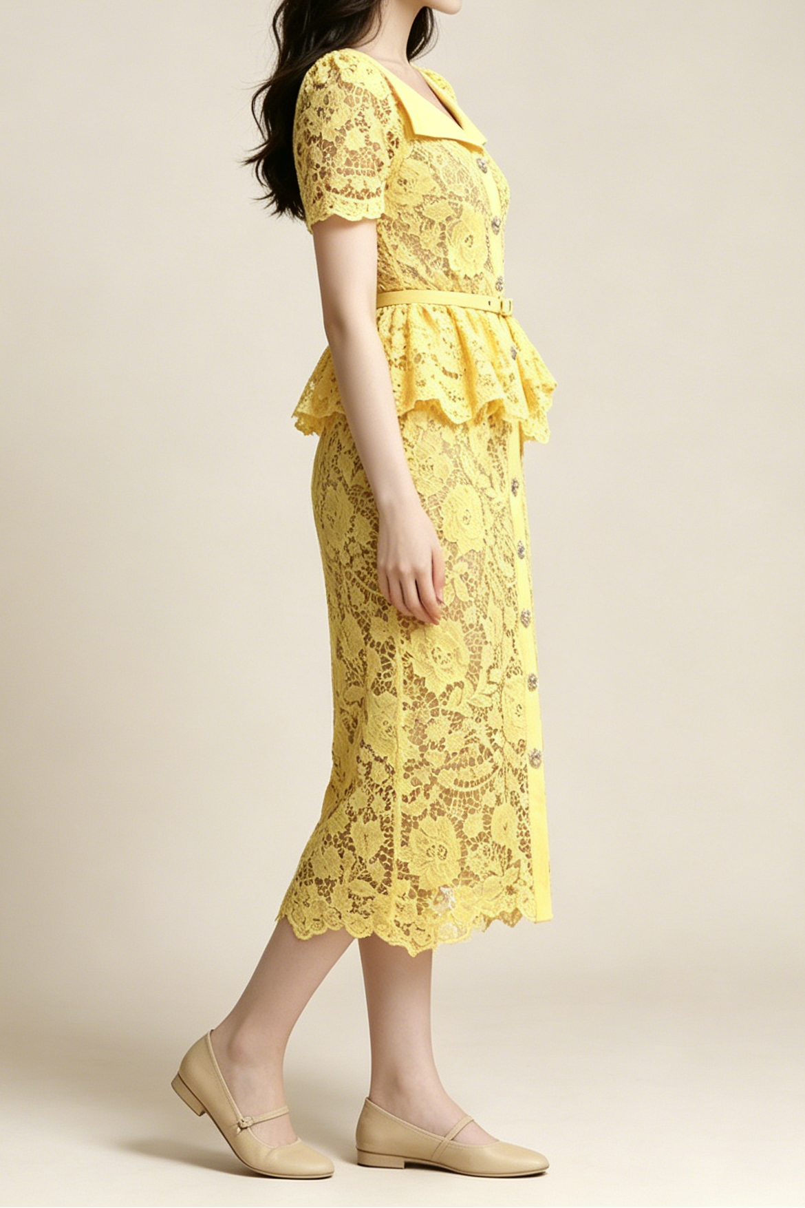 Lemon Yellow Floral Lace Peplum Midi Dress with Lapel Collar & Crystal Buttons