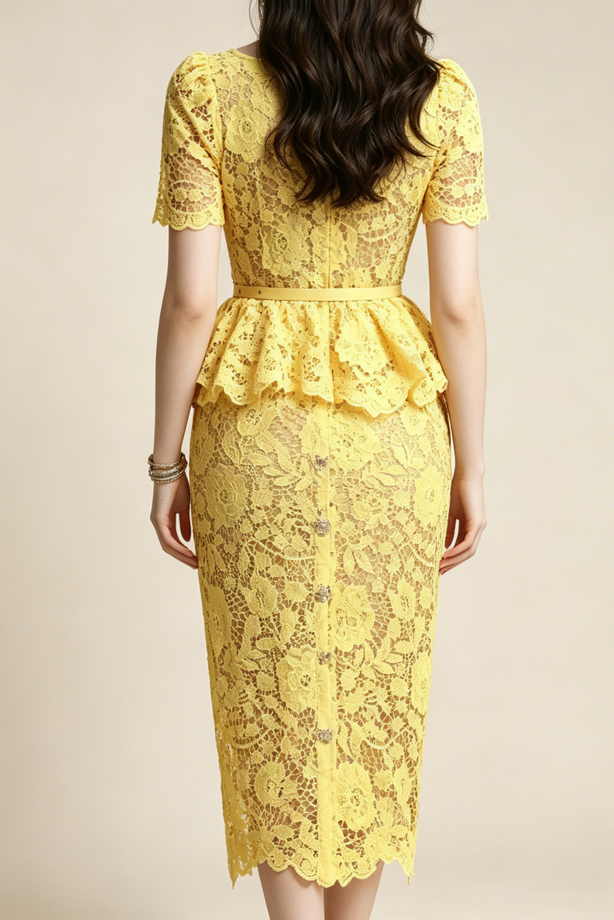 Lemon Yellow Floral Lace Peplum Midi Dress with Lapel Collar & Crystal Buttons