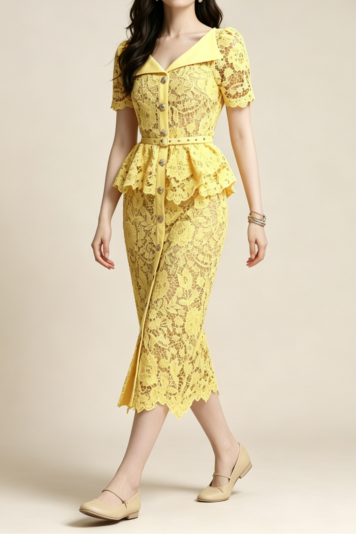 Lemon Yellow Floral Lace Peplum Midi Dress with Lapel Collar & Crystal Buttons