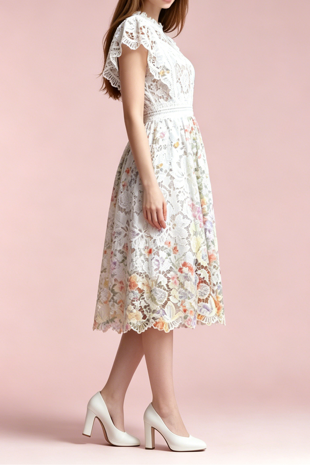 White Hollow Floral Lace Cap Sleeve Colorful Floral Lined A-Line Midi Dress