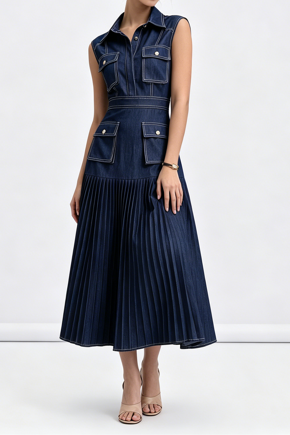 Dark Denim Sleeveless Cargo Pocket Shirt Top Pleated Midi Dress