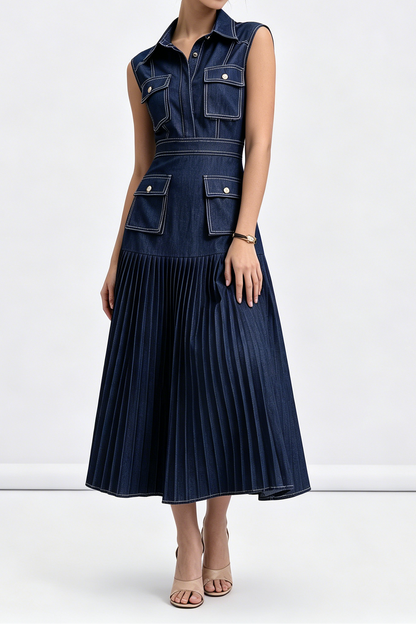 Dark Denim Sleeveless Cargo Pocket Shirt Top Pleated Midi Dress