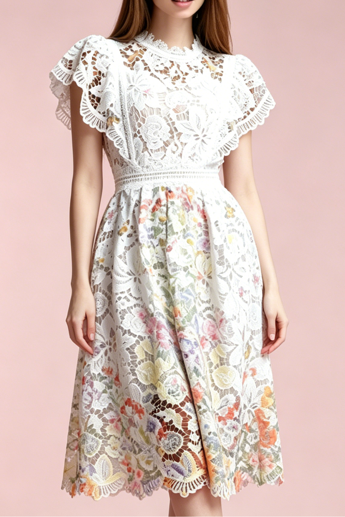 White Hollow Floral Lace Cap Sleeve Colorful Floral Lined A-Line Midi Dress