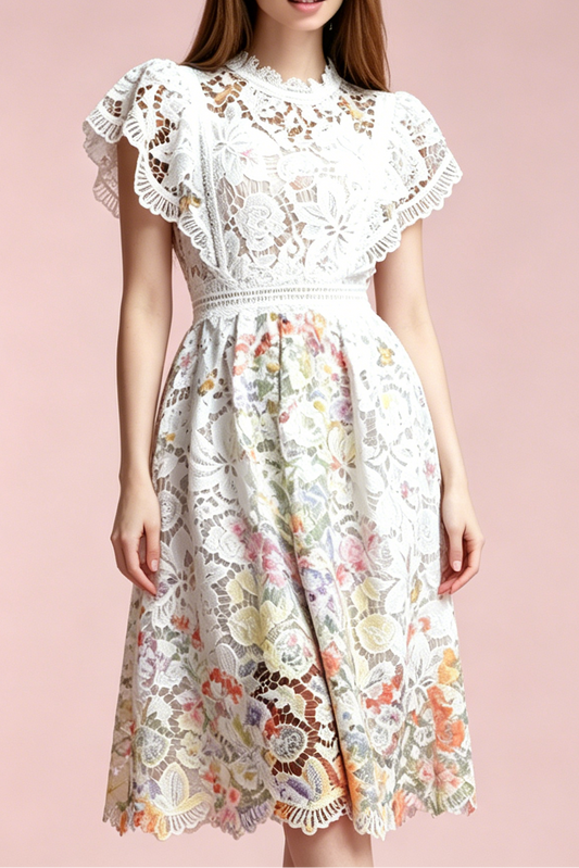 White Hollow Floral Lace Cap Sleeve Colorful Floral Lined A-Line Midi Dress