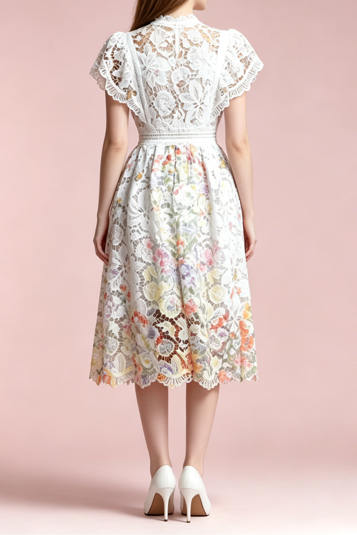 White Hollow Floral Lace Cap Sleeve Colorful Floral Lined A-Line Midi Dress
