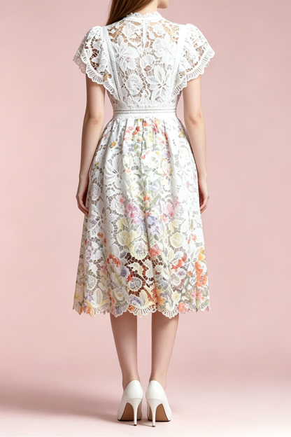 White Hollow Floral Lace Cap Sleeve Colorful Floral Lined A-Line Midi Dress