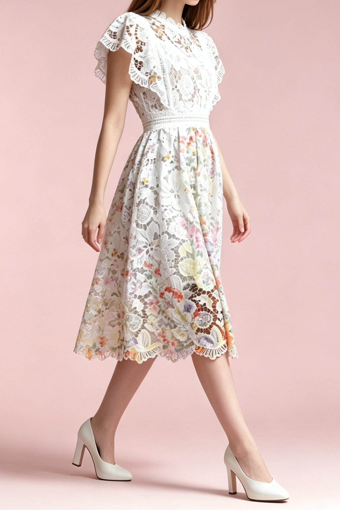White Hollow Floral Lace Cap Sleeve Colorful Floral Lined A-Line Midi Dress