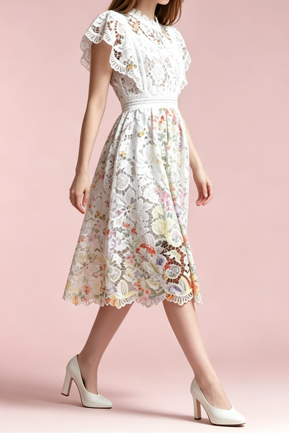 White Hollow Floral Lace Cap Sleeve Colorful Floral Lined A-Line Midi Dress