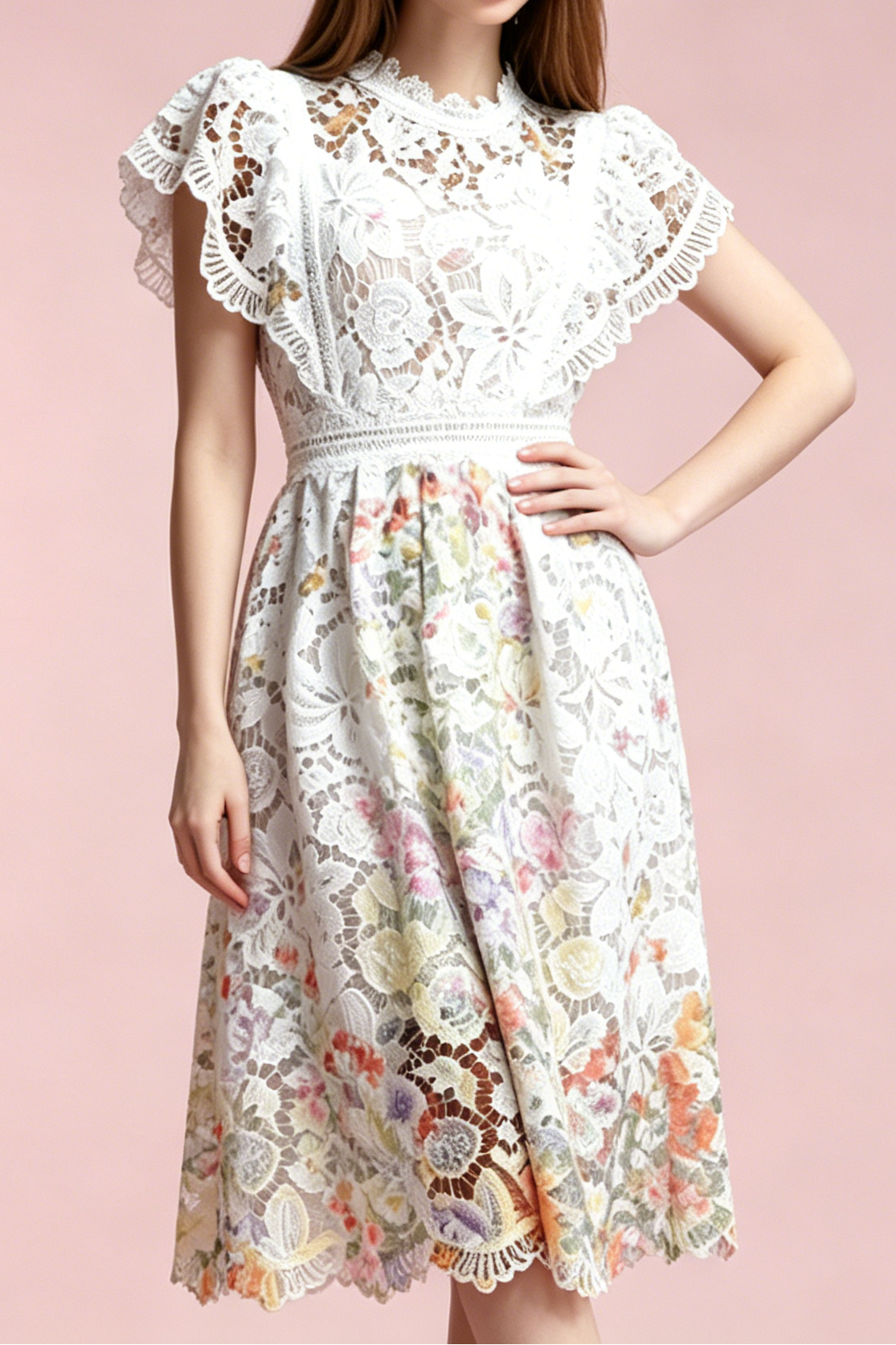 White Hollow Floral Lace Cap Sleeve Colorful Floral Lined A-Line Midi Dress