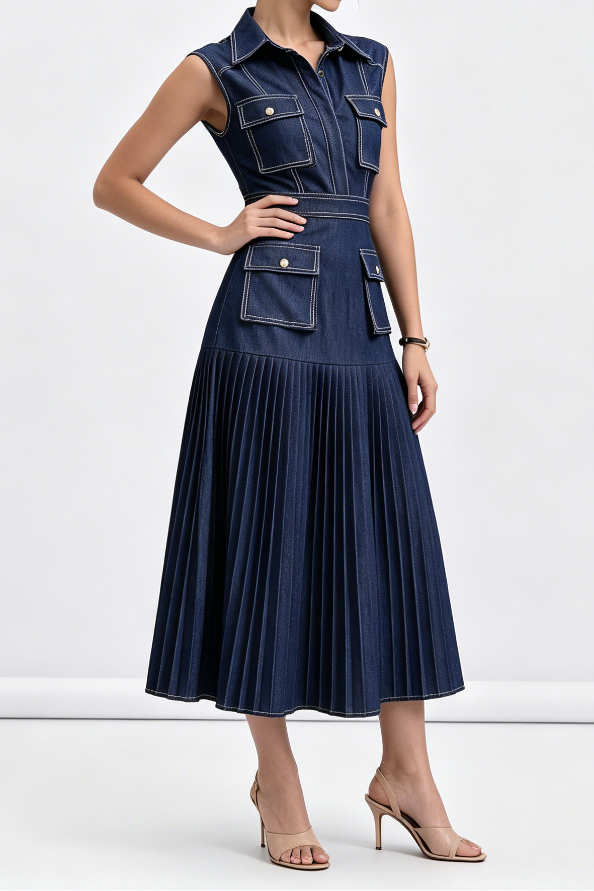 Dark Denim Sleeveless Cargo Pocket Shirt Top Pleated Midi Dress