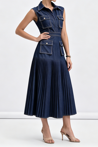 Dark Denim Sleeveless Cargo Pocket Shirt Top Pleated Midi Dress