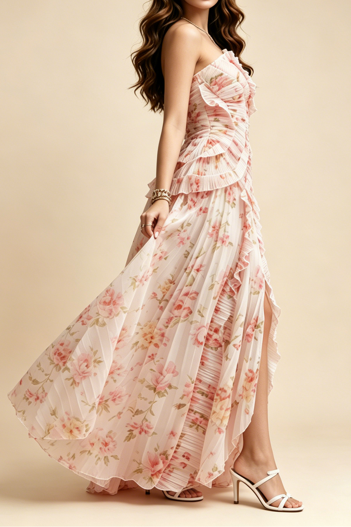 Pastel Pink Floral Pleated Halter Ruffle High Slit Maxi Dress