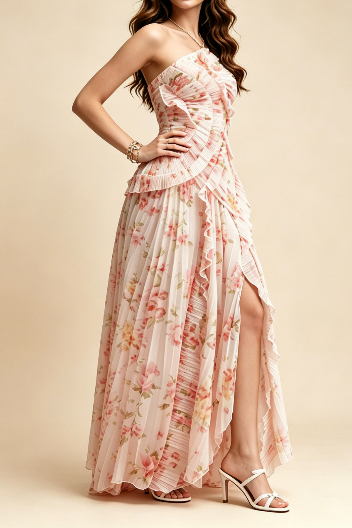 Pastel Pink Floral Pleated Halter Ruffle High Slit Maxi Dress