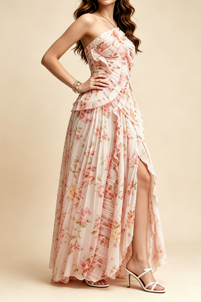 Pastel Pink Floral Pleated Halter Ruffle High Slit Maxi Dress