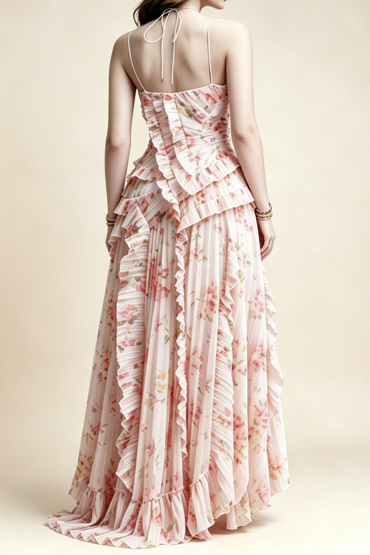 Pastel Pink Floral Pleated Halter Ruffle High Slit Maxi Dress