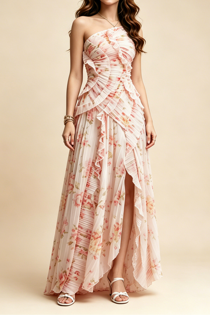 Pastel Pink Floral Pleated Halter Ruffle High Slit Maxi Dress