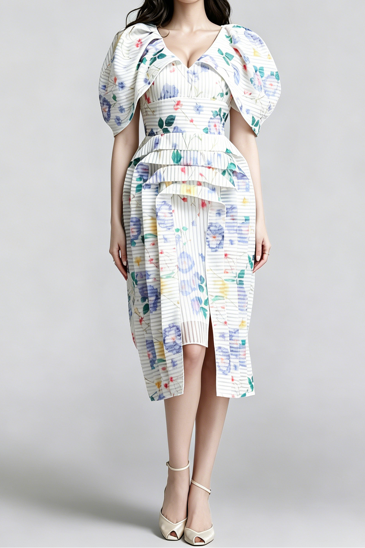 Watercolor Floral Vertical Pleated Puff Sleeve Tiered High Slit Midi Dress