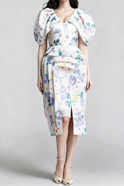 Watercolor Floral Vertical Pleated Puff Sleeve Tiered High Slit Midi Dress