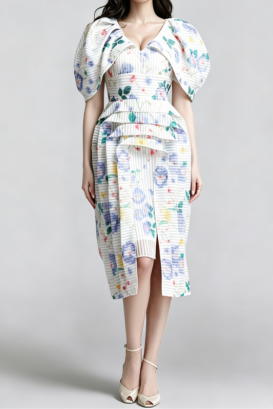 Watercolor Floral Vertical Pleated Puff Sleeve Tiered High Slit Midi Dress