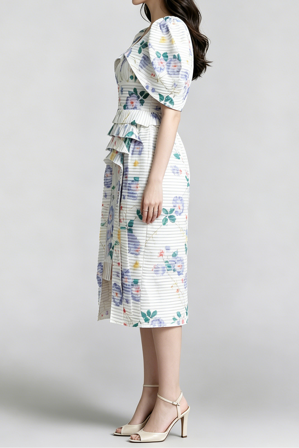 Watercolor Floral Vertical Pleated Puff Sleeve Tiered High Slit Midi Dress