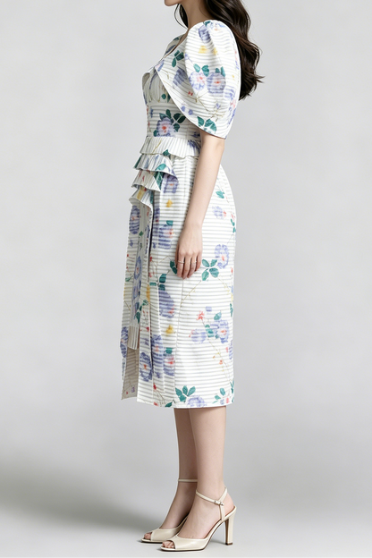 Watercolor Floral Vertical Pleated Puff Sleeve Tiered High Slit Midi Dress