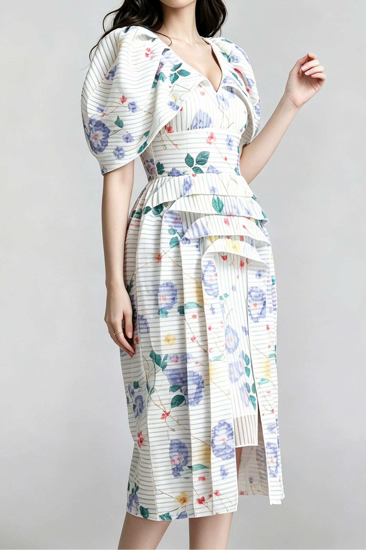 Watercolor Floral Vertical Pleated Puff Sleeve Tiered High Slit Midi Dress