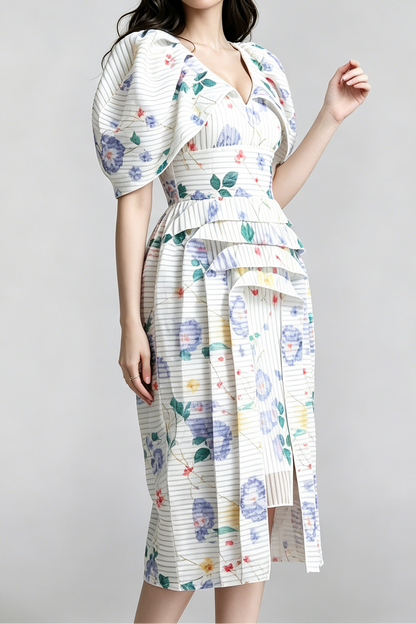 Watercolor Floral Vertical Pleated Puff Sleeve Tiered High Slit Midi Dress