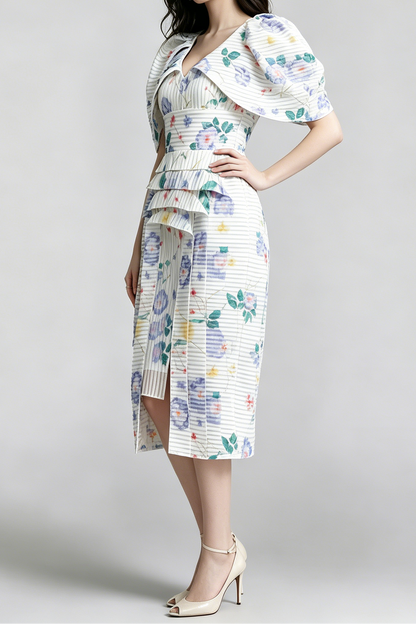 Watercolor Floral Vertical Pleated Puff Sleeve Tiered High Slit Midi Dress