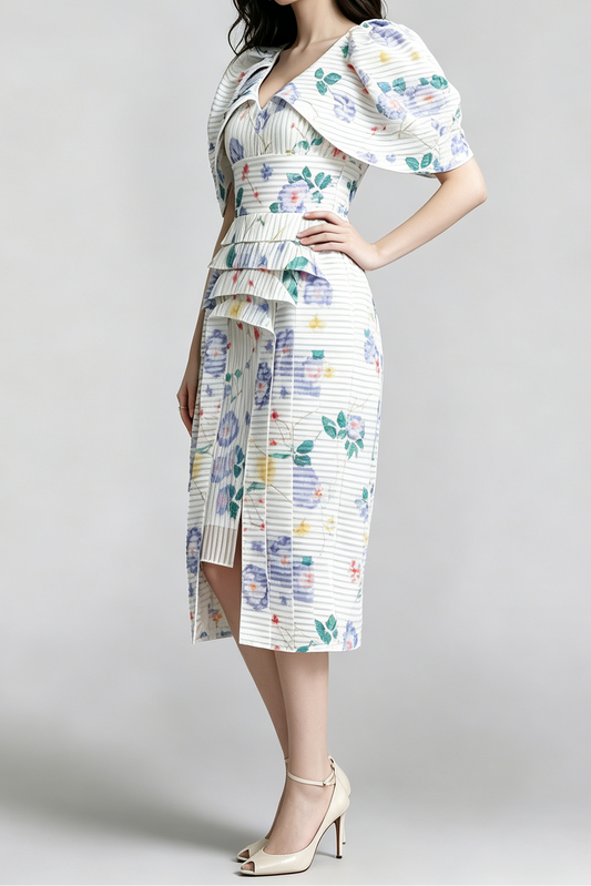 Watercolor Floral Vertical Pleated Puff Sleeve Tiered High Slit Midi Dress