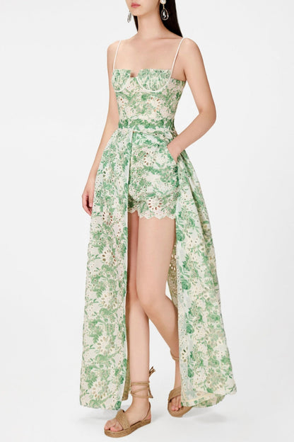 Abetzi Floral Embroidered Shorts & Maxi Dress Set - Green
