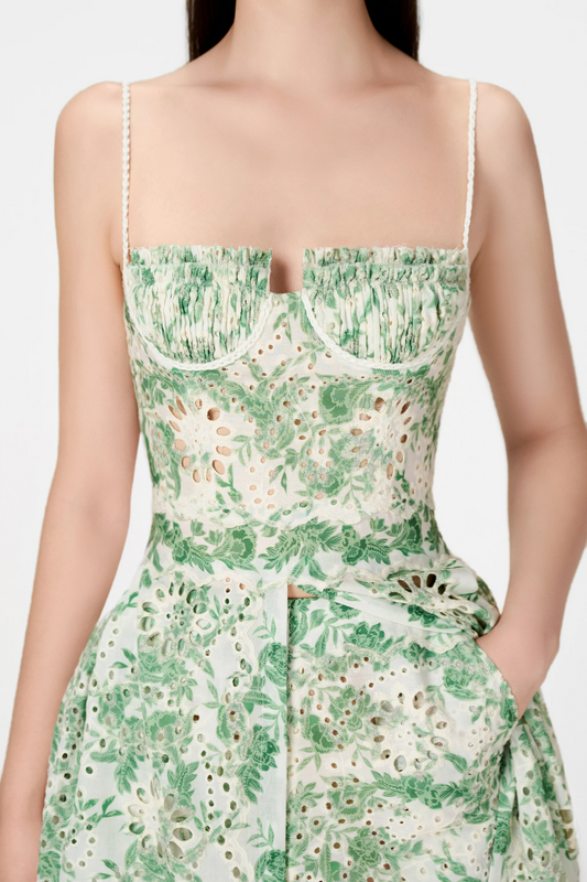 Abetzi Floral Embroidered Shorts & Maxi Dress Set - Green