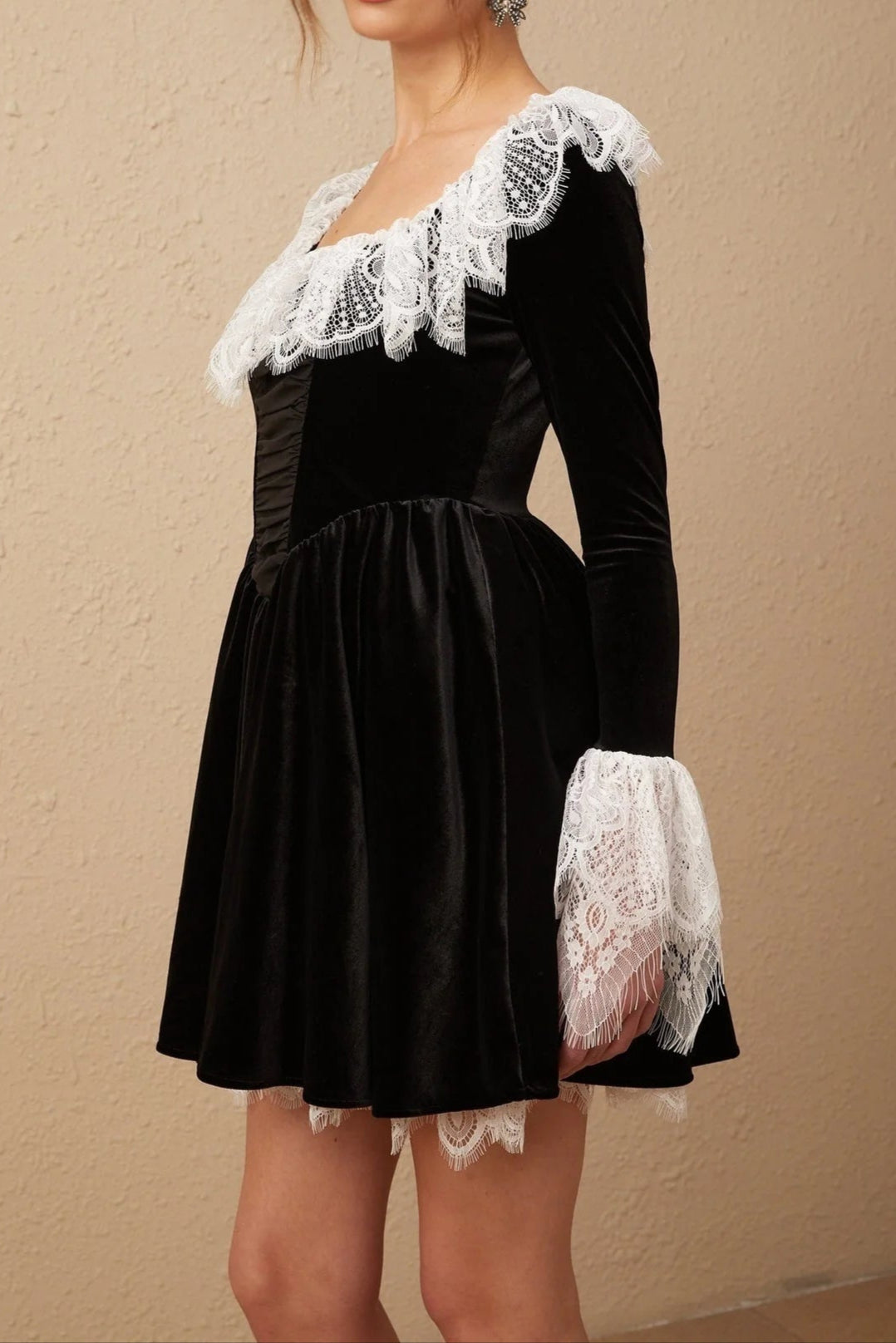 Fabiana black lace-trimmed velvet mini dress