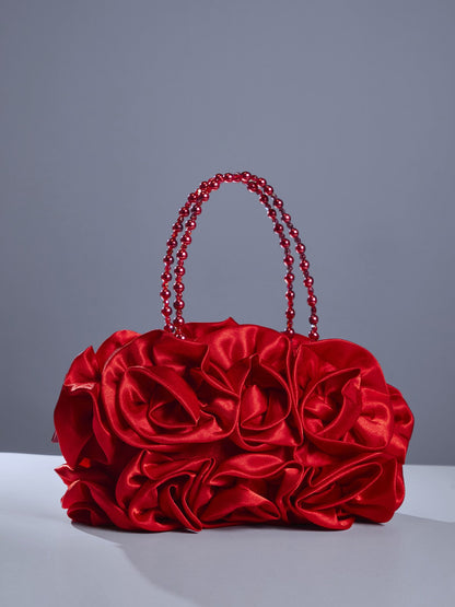 Red Satin Rose Clutch with Beaded Handle