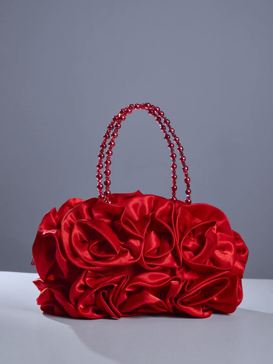 Red Satin Rose Clutch with Beaded Handle
