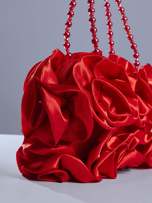 Red Satin Rose Clutch with Beaded Handle