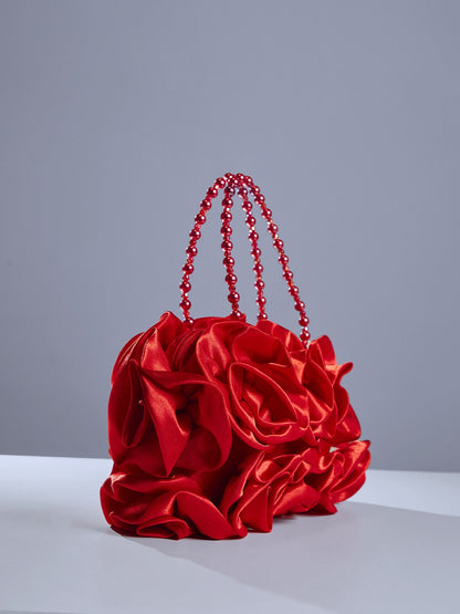 Red Satin Rose Clutch with Beaded Handle