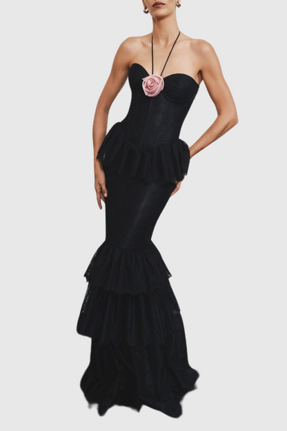 Adalira Halter Flower Lace Corset Maxi Dress