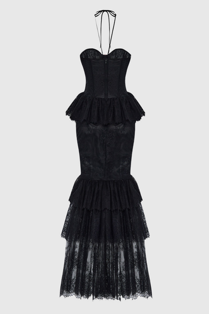 Adalira Halter Flower Lace Corset Maxi Dress