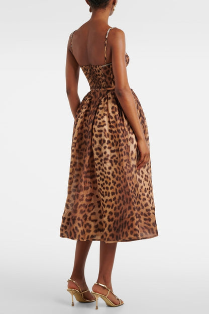 Alainy Leopard Crystal Belted Midi Dress