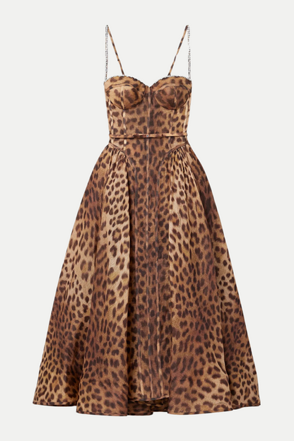 Alainy Leopard Crystal Belted Midi Dress