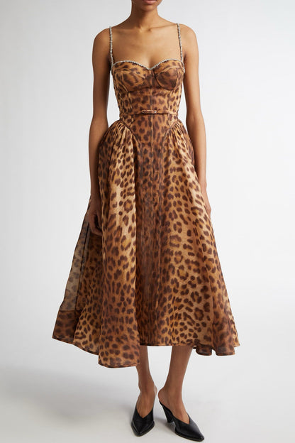 Alainy Leopard Crystal Belted Midi Dress