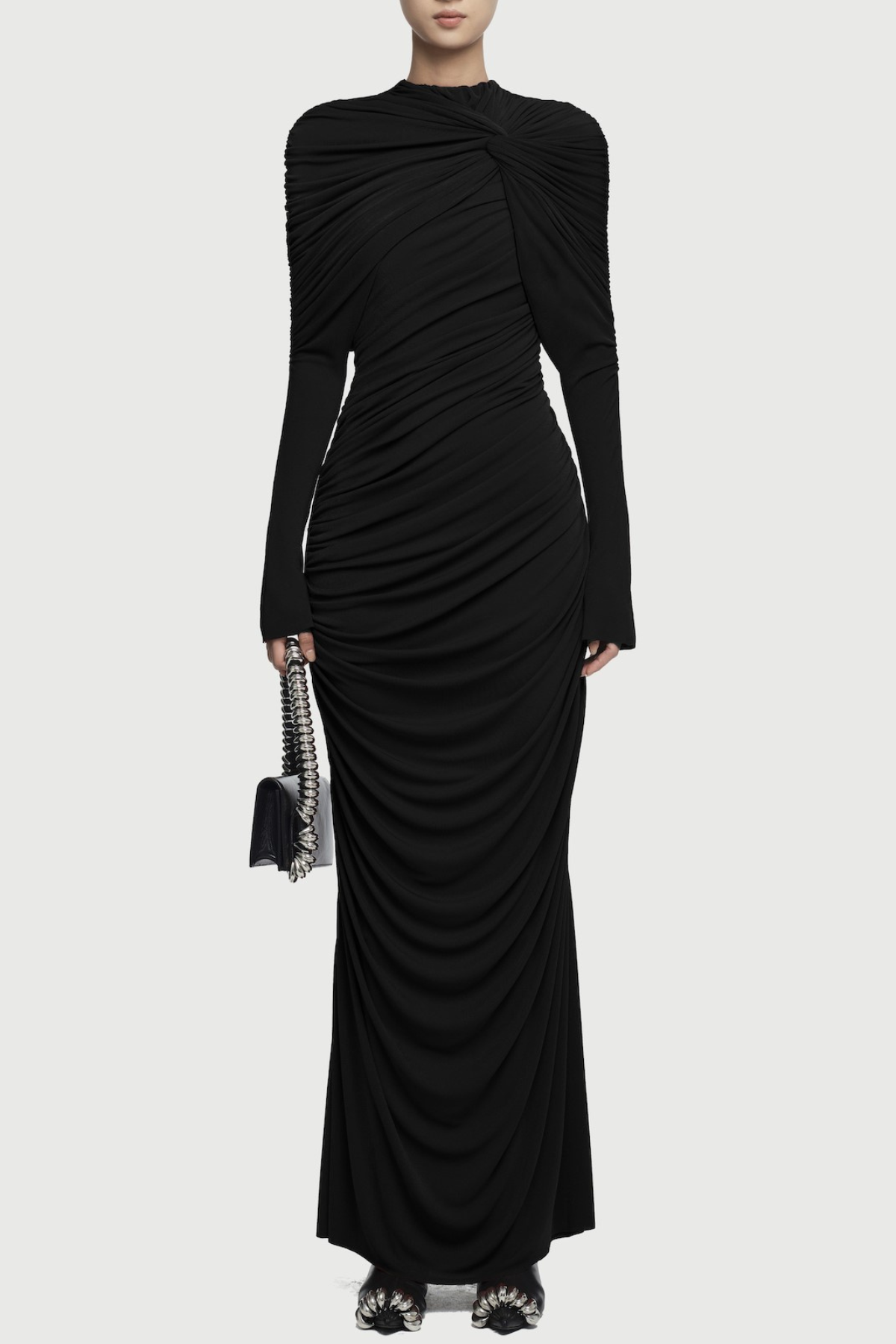 bonnie long sleeve pleated knot bodycon maxi dress in black