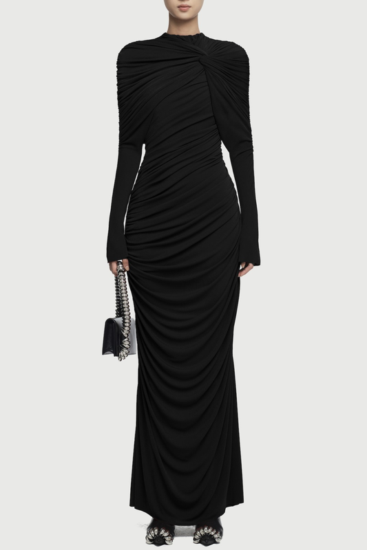 bonnie long sleeve pleated knot bodycon maxi dress in black